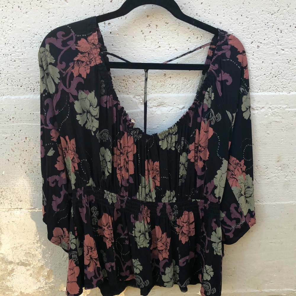 Loose fit Free People blouse, size medium, black and floral print